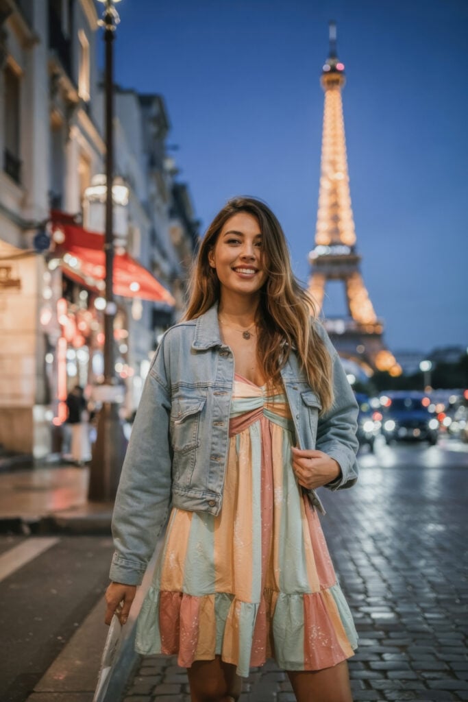 Woman wearing pastel striped sundress with denim jacket standing at night with illuminated Eiffel Tower in background