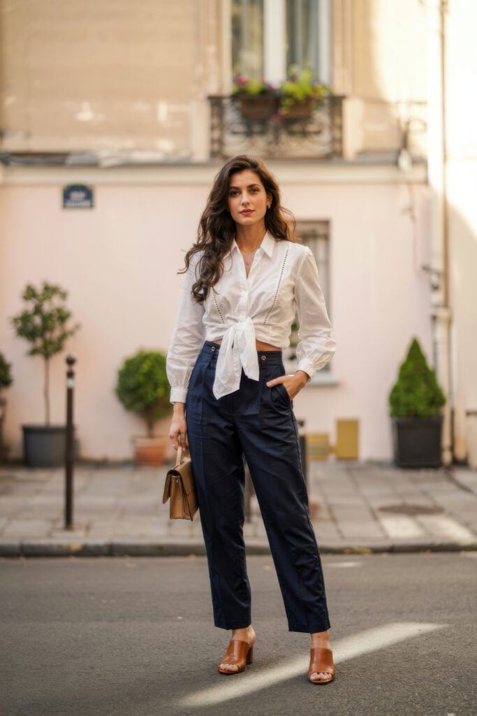 Woman in white tied blouse and navy pleated trousers with cognac mules standing on Paris street