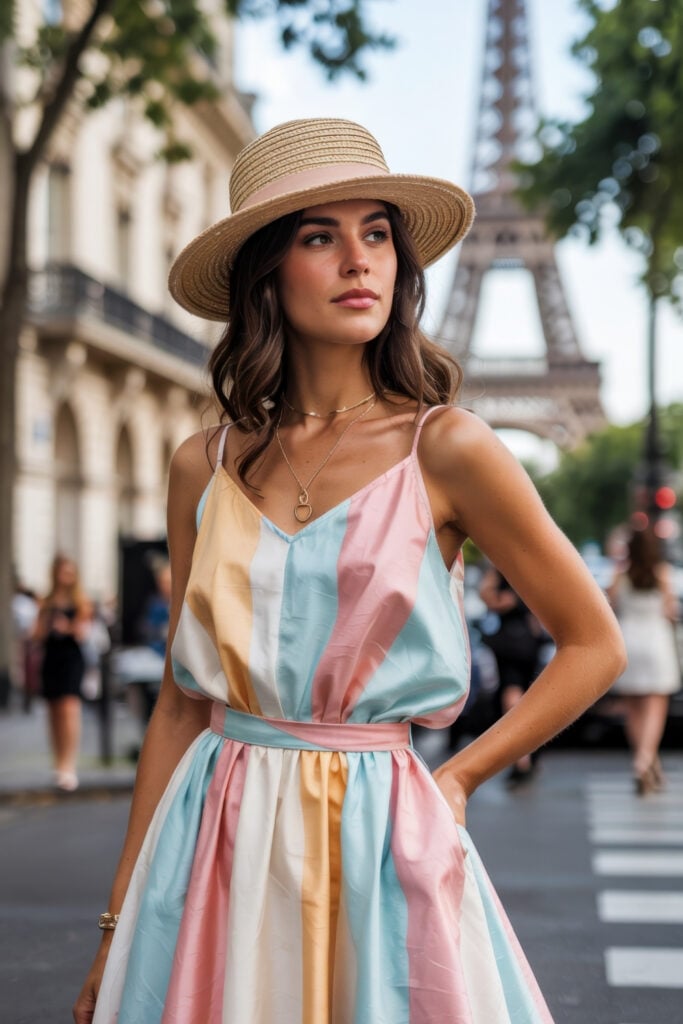 Woman in Paris summer outfit pastel striped sundress with straw boater hat standing near Eiffel Tower