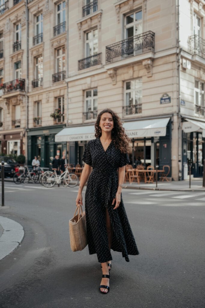 Woman in black polka-dot maxi dress walking on Parisian street with woven basket bag