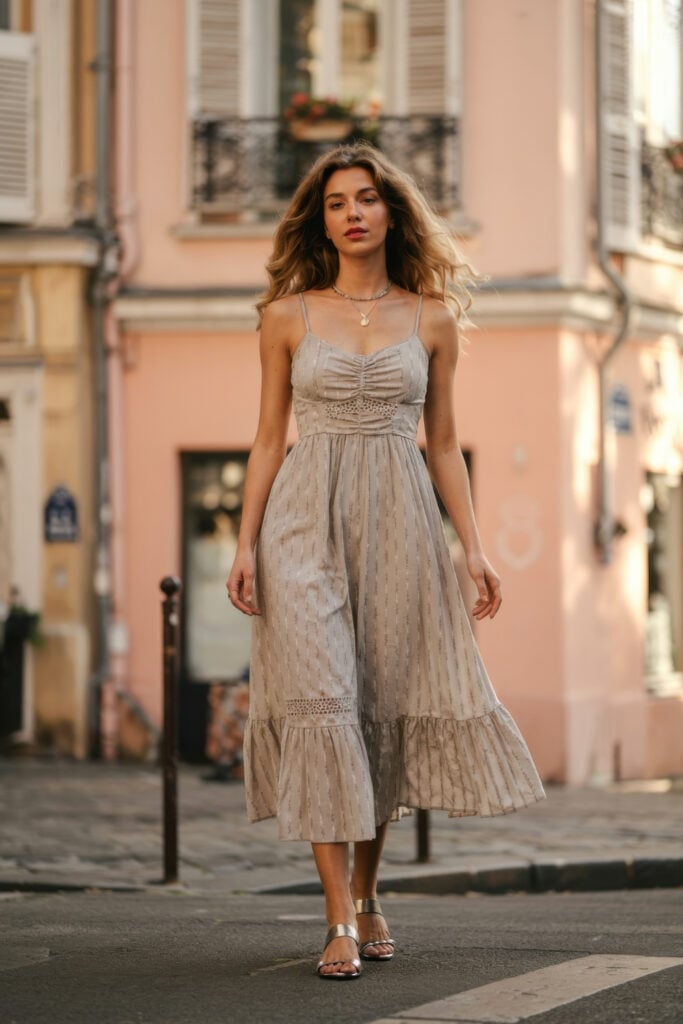Woman in beige striped sundress with eyelet detail and metallic sandals walking on Paris street