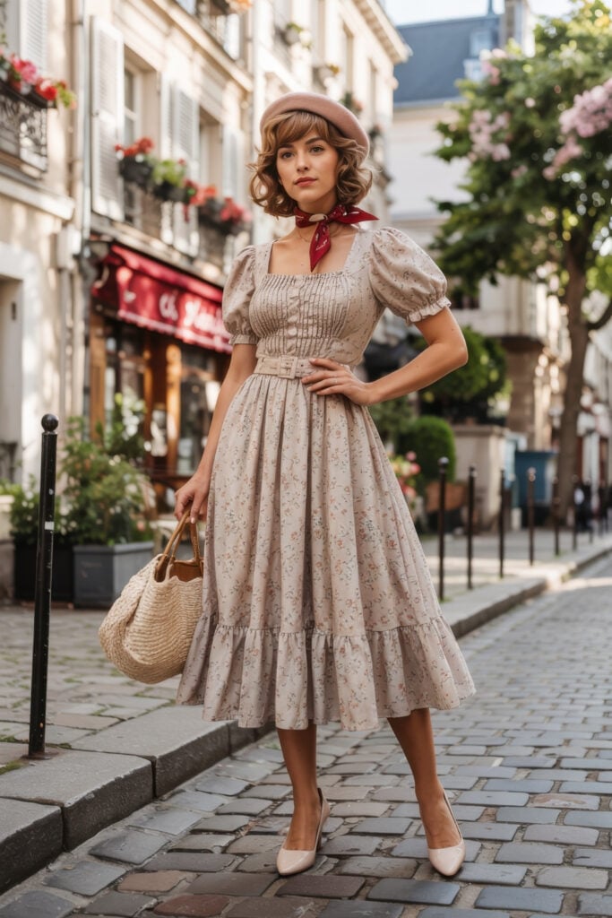 Woman in pale pink floral midi dress with puff sleeves, beret and red neckerchief standing on cobblestone Paris street