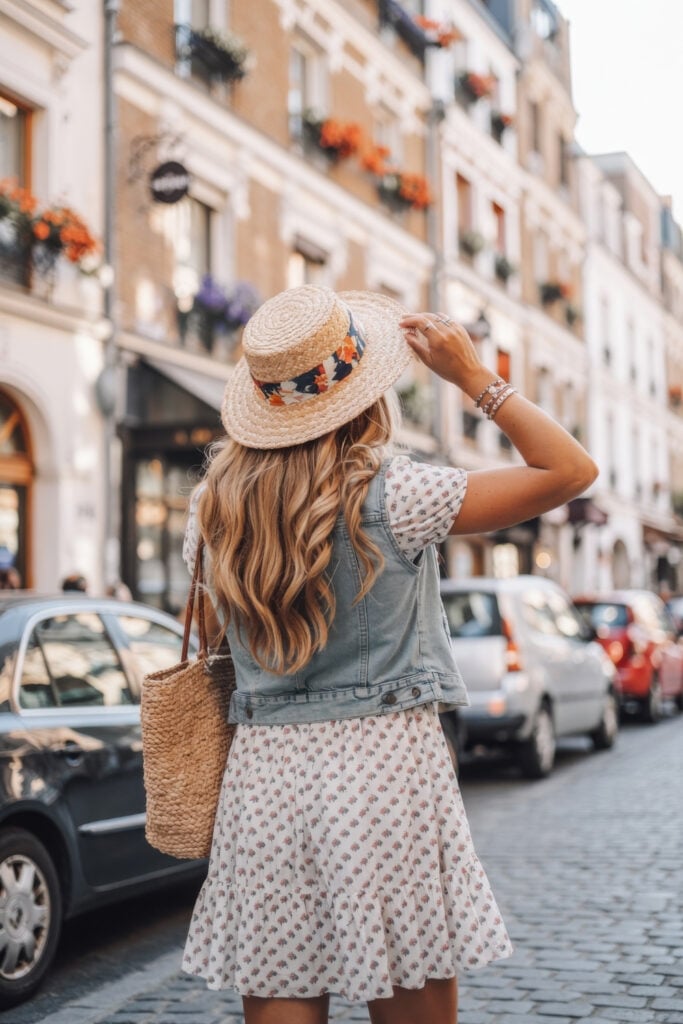Back view of woman in floral dress with denim vest, straw hat and bag on Paris street with flower boxes