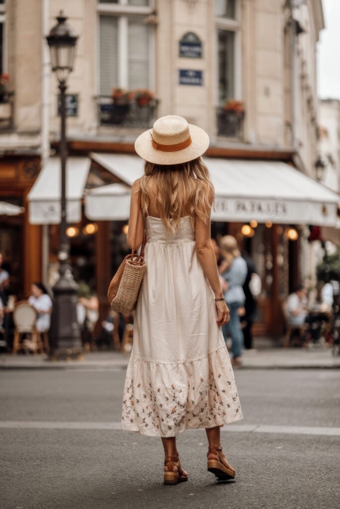 Back view of woman in cream embroidered maxi dress with straw hat and woven bag standing in front of Paris café