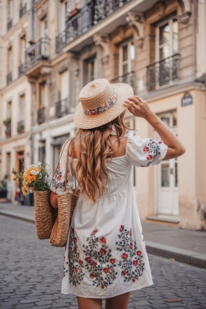 Back view of woman in white embroidered dress with floral details and straw hat carrying market bag with flowers on Paris street