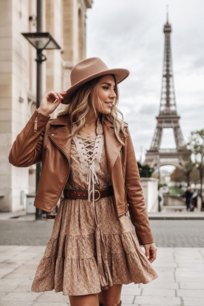 Woman in tan dress with matching leather jacket and hat standing with Eiffel Tower in background
