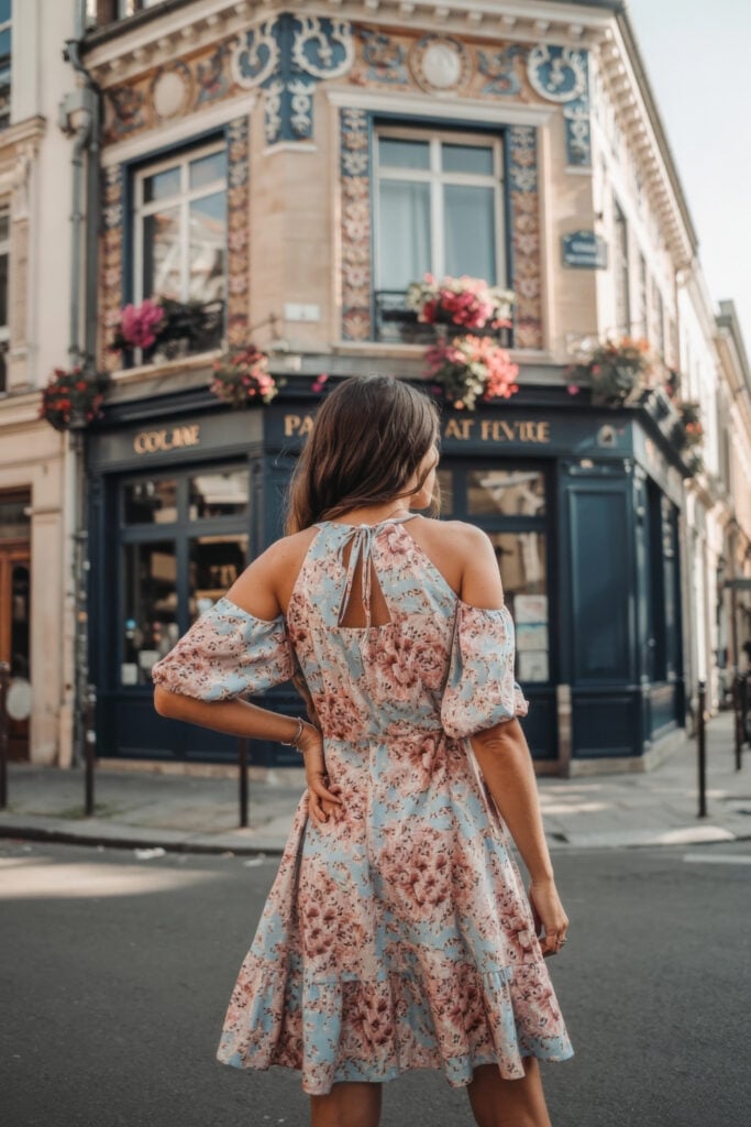 Back view of woman in blue and pink floral dress with cold shoulders standing in front of ornate Paris building