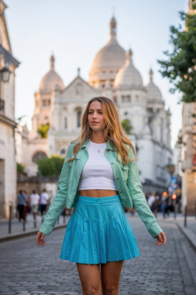 Woman in white crop top, turquoise pleated skirt and mint jacket standing in front of Sacre-Coeur basilica