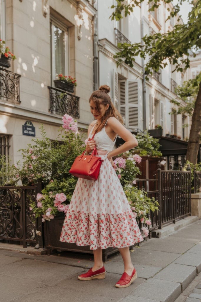 Woman in white dress with red floral pattern border, red wedge espadrilles and matching bag on Paris sidewalk