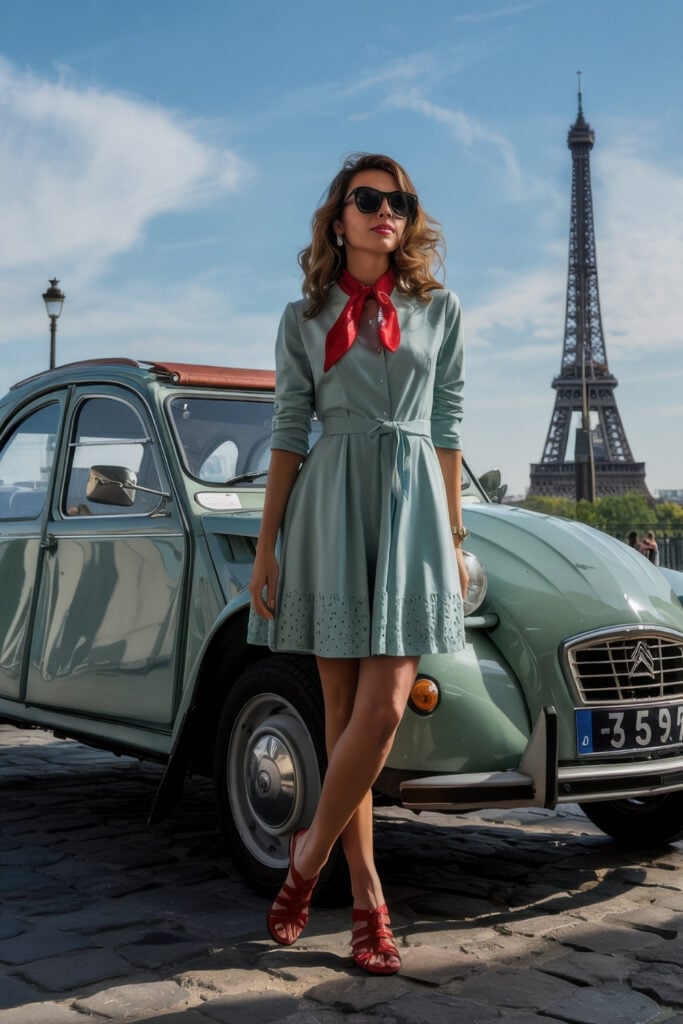 Woman in mint green dress with red neckerchief standing beside vintage Citroën car with Eiffel Tower in background