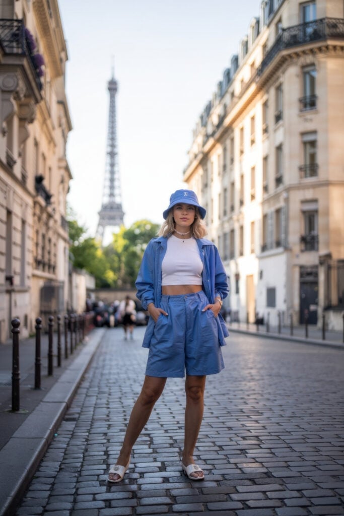 Woman in coordinating blue shirt jacket and shorts with white crop top and matching bucket hat with Eiffel Tower in background