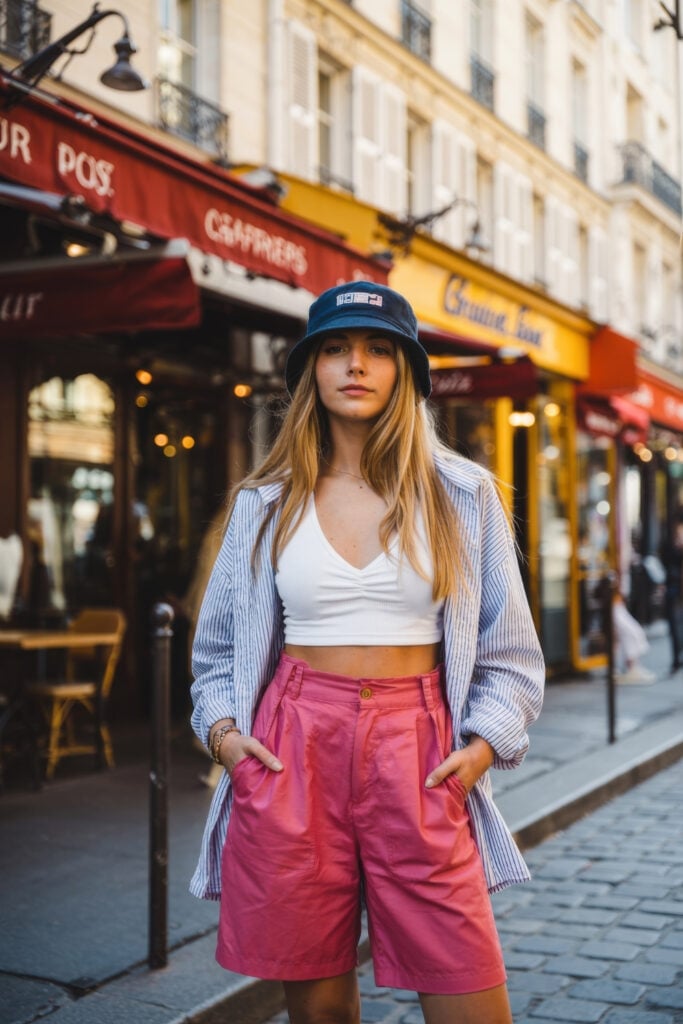 Woman in blue bucket hat, striped shirt, white crop top and pink shorts standing in front of colorful Parisian cafés