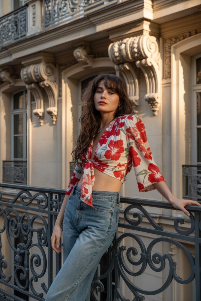 Woman wearing red floral crop top and jeans on Parisian balcony at sunset