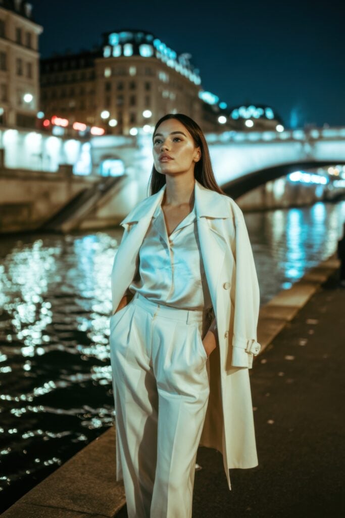 Woman in all-white outfit walking along Seine River in Paris at night with illuminated buildings in background