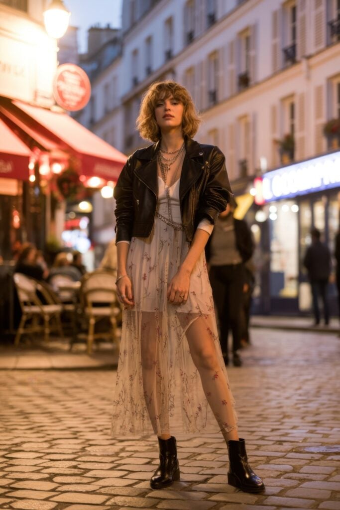Woman wearing sheer floral maxi dress with leather jacket and boots on cobblestone Paris street at night