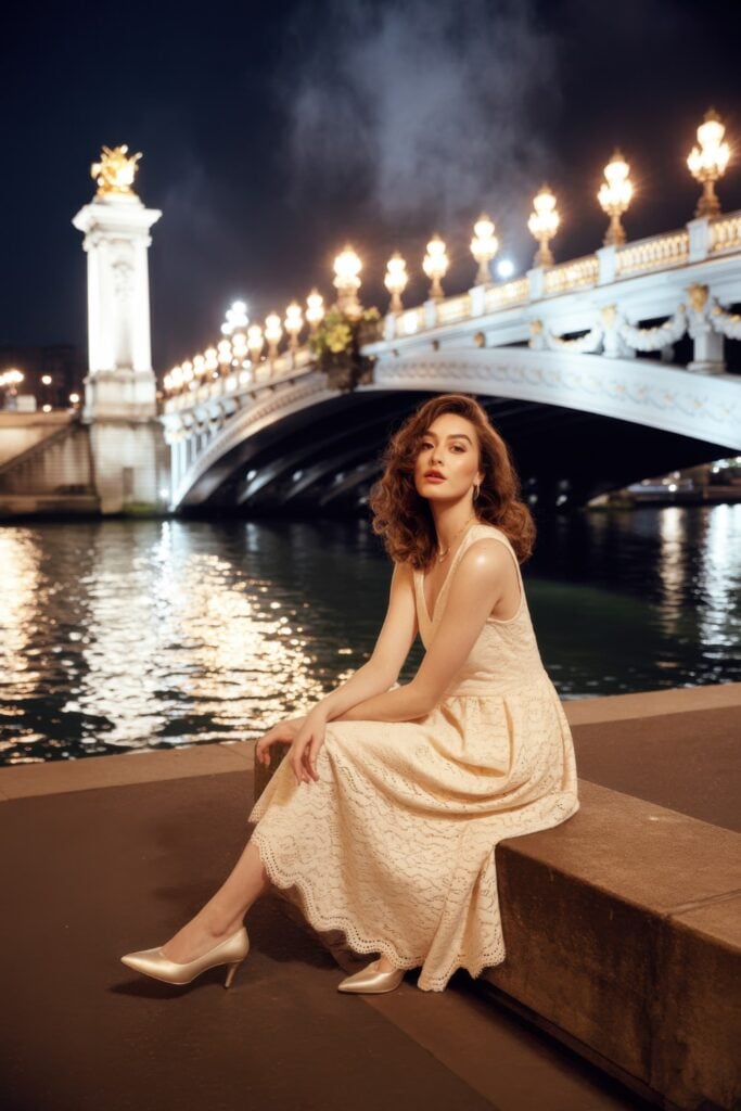 Woman in cream lace dress sitting by Seine River with illuminated Pont Alexandre III bridge in background at night