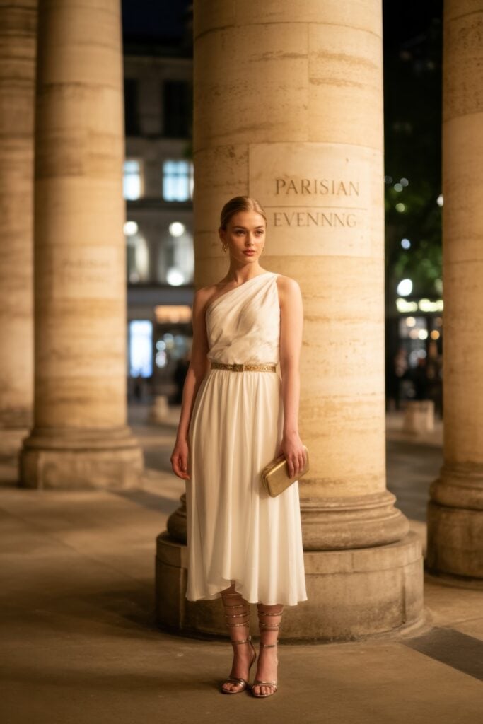 Woman in one-shoulder white Grecian dress with gold belt standing among columns at Palais Royal at night