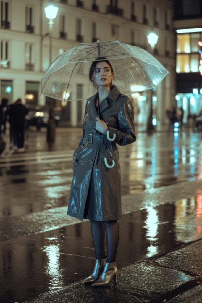 Woman in glossy dark raincoat holding clear umbrella on rainy Paris street at night with reflective pavement