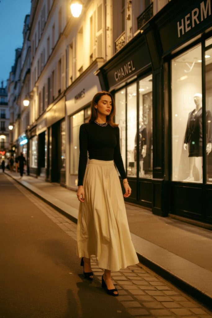 Woman wearing black top with cream maxi skirt walking past illuminated Chanel boutique on Parisian shopping street at dusk