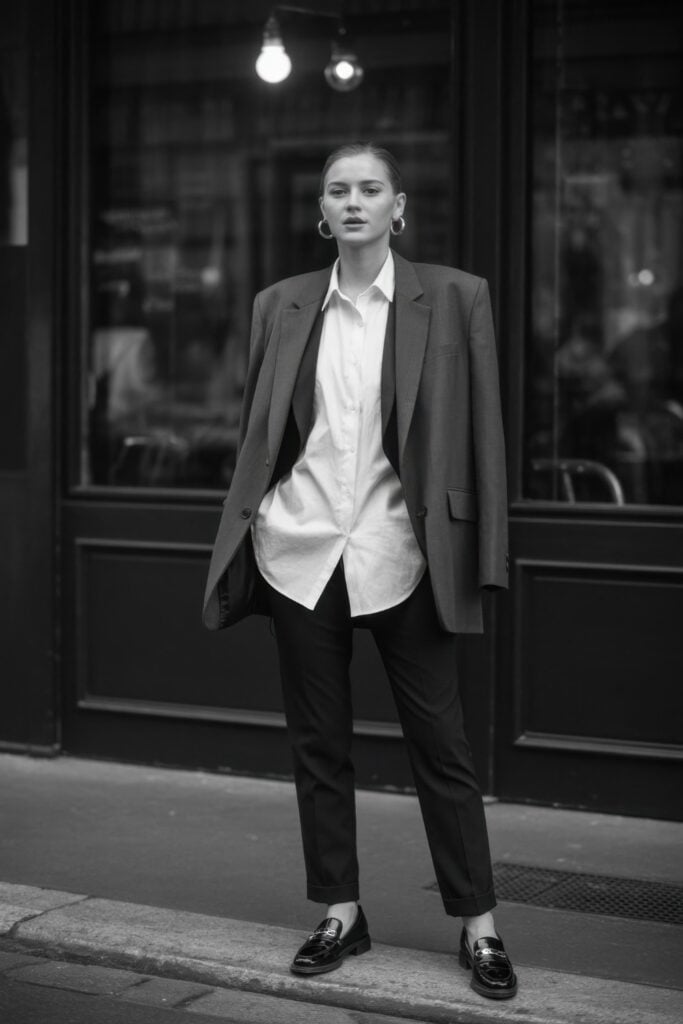 Woman in oversized blazer, white shirt and dark trousers standing outside Parisian bistro in black and white