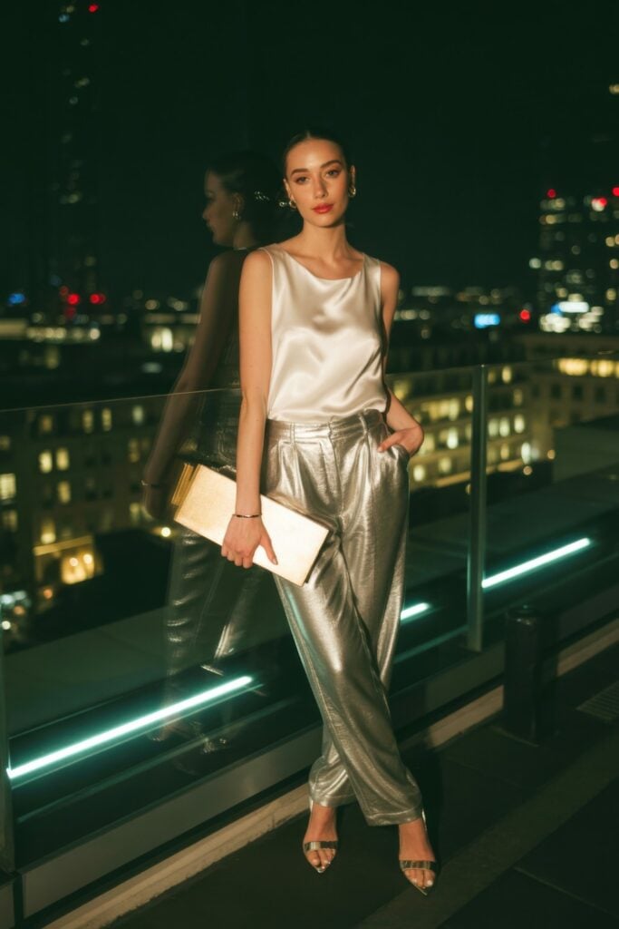 Woman in white silk top and silver pants on rooftop with Paris night skyline behind her