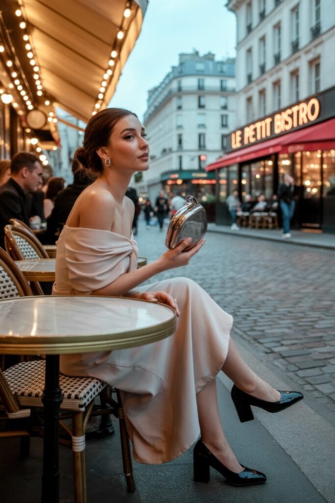 Woman in pale pink off-shoulder dress sitting at Parisian café terrace with silver clutch at dusk