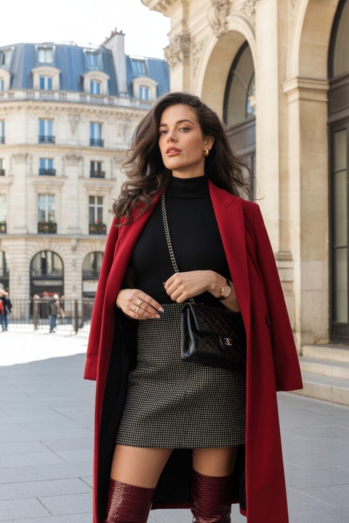 Woman in red coat, black turtleneck and patterned mini skirt with burgundy boots standing in front of Parisian architecture