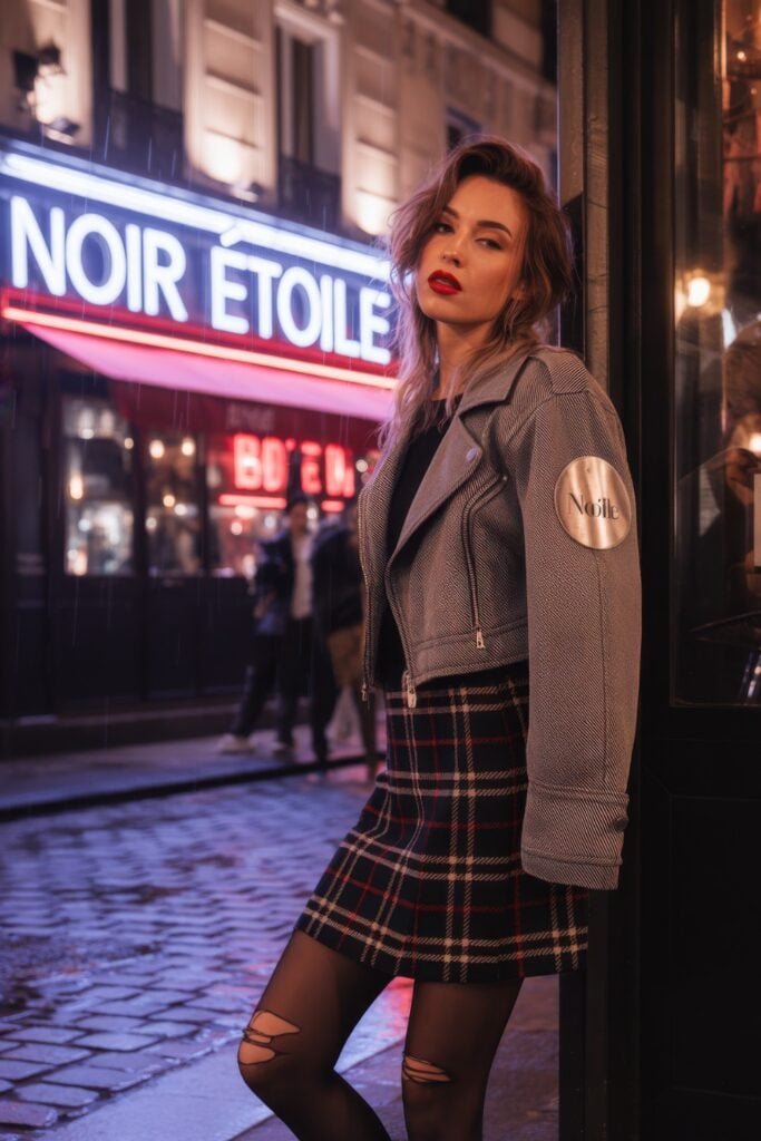 Woman wearing gray moto jacket and plaid skirt with torn tights standing against neon-lit Parisian storefront at night