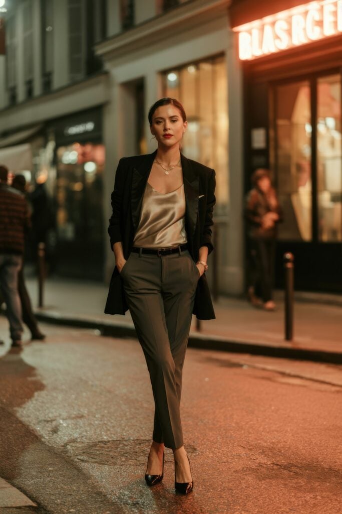 Woman in black blazer, silk camisole and olive trousers walking along illuminated Parisian street at night
