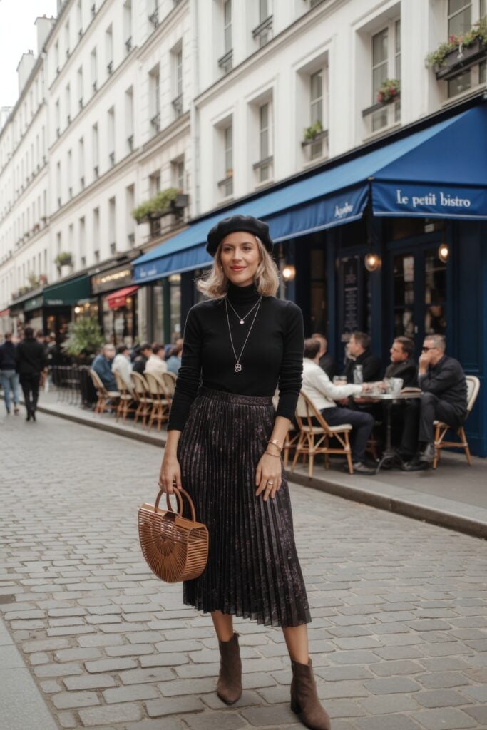 Woman wearing black beret, turtleneck and pleated skirt with bamboo bag outside Parisian bistro