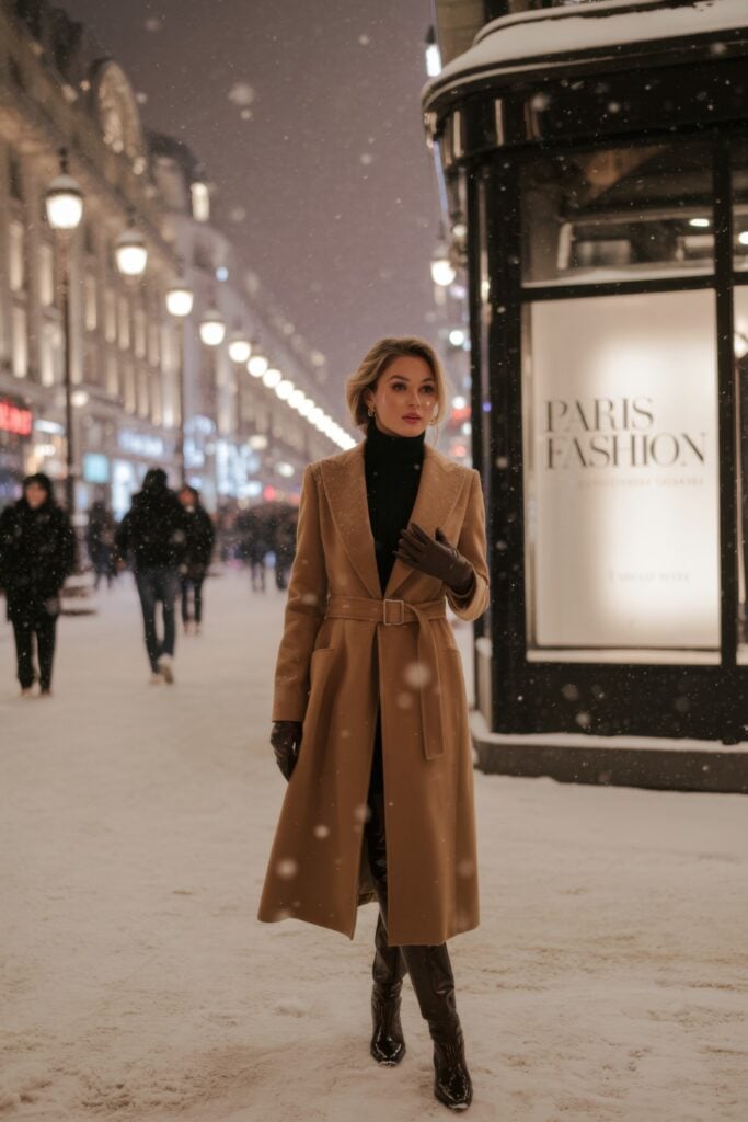 Woman in camel coat and black turtleneck walking through snowy Parisian street at night with illuminated storefronts