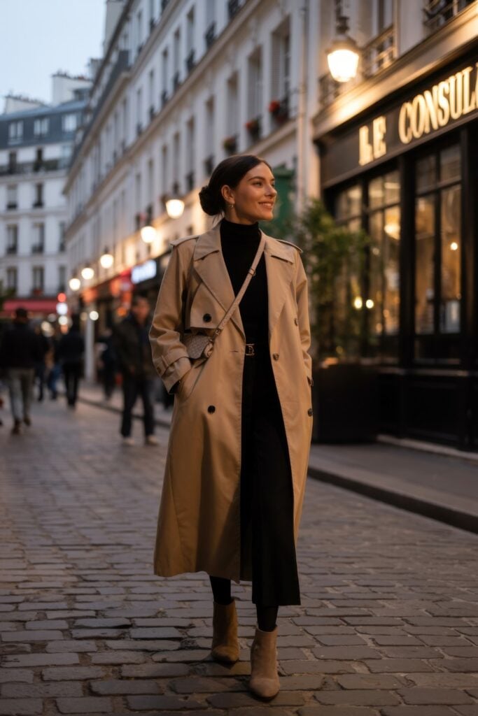 Woman in classic beige trench coat over black outfit walking past Parisian café at dusk