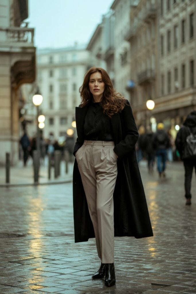 Woman wearing long black coat with cream trousers on wet Parisian street at dusk with city lights glowing behind