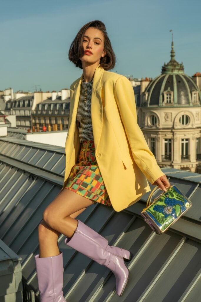 Woman in yellow blazer, patterned skirt and lilac boots standing on Parisian rooftop with historic domed building in background