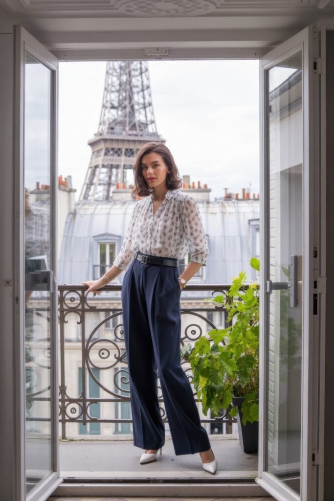 Woman in floral blouse and navy trousers standing in doorway of Parisian balcony with Eiffel Tower view