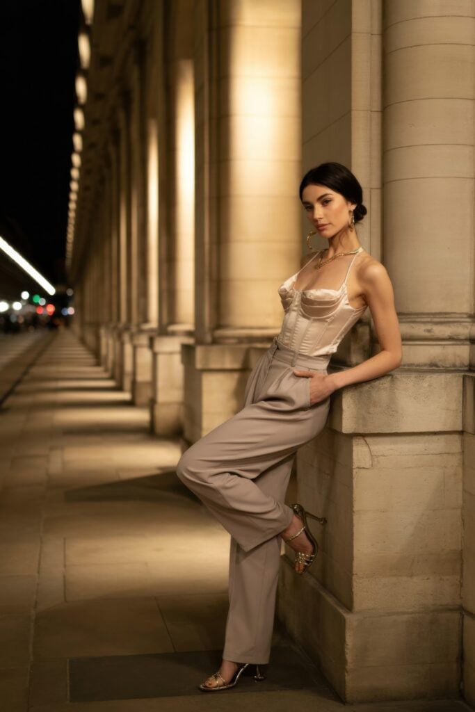 Woman in champagne corset top and taupe trousers posing against illuminated Parisian colonnade at night