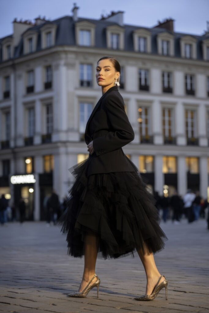 Woman wearing black blazer with dramatic black tulle skirt and gold heels against Parisian building backdrop at dusk