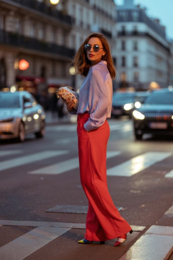 Woman wearing lilac blouse and bold red trousers crossing Parisian street at dusk