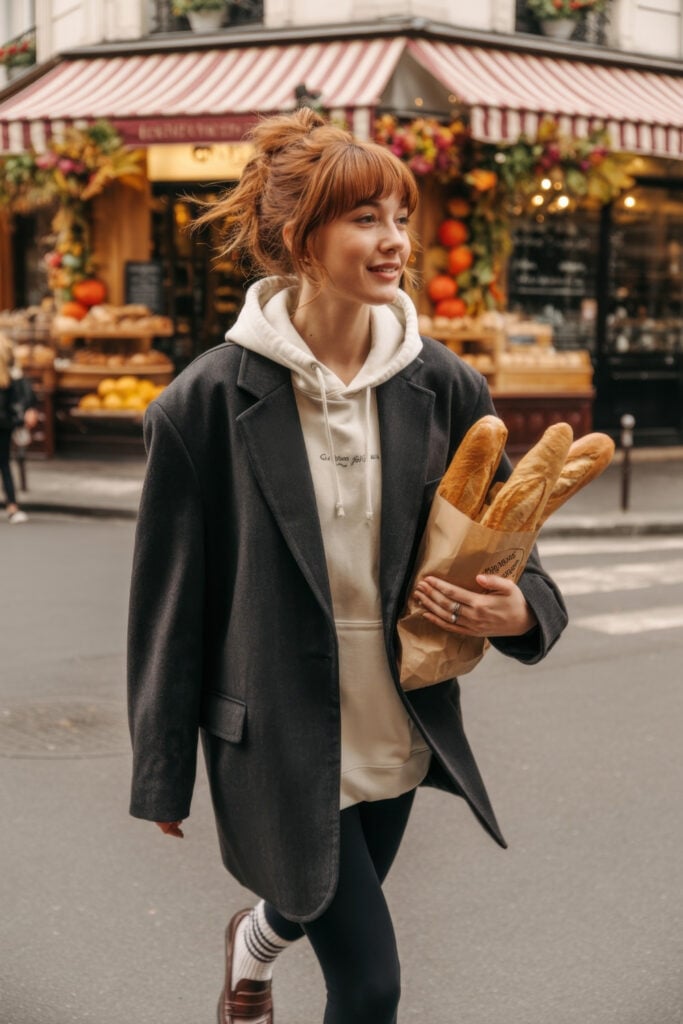 Woman with bangs in dark oversized blazer and cream hoodie carrying fresh baguettes outside colorful Parisian market