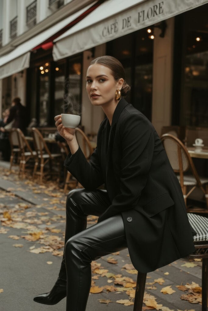 Woman in black blazer and leather pants with sleek updo holding coffee cup outside Parisian café