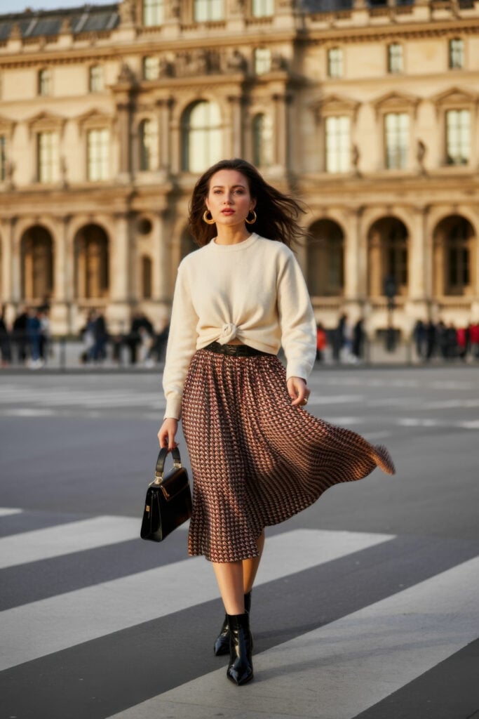 Woman in cream knotted sweater and brown patterned midi skirt with black handbag walking in front of ornate Parisian building