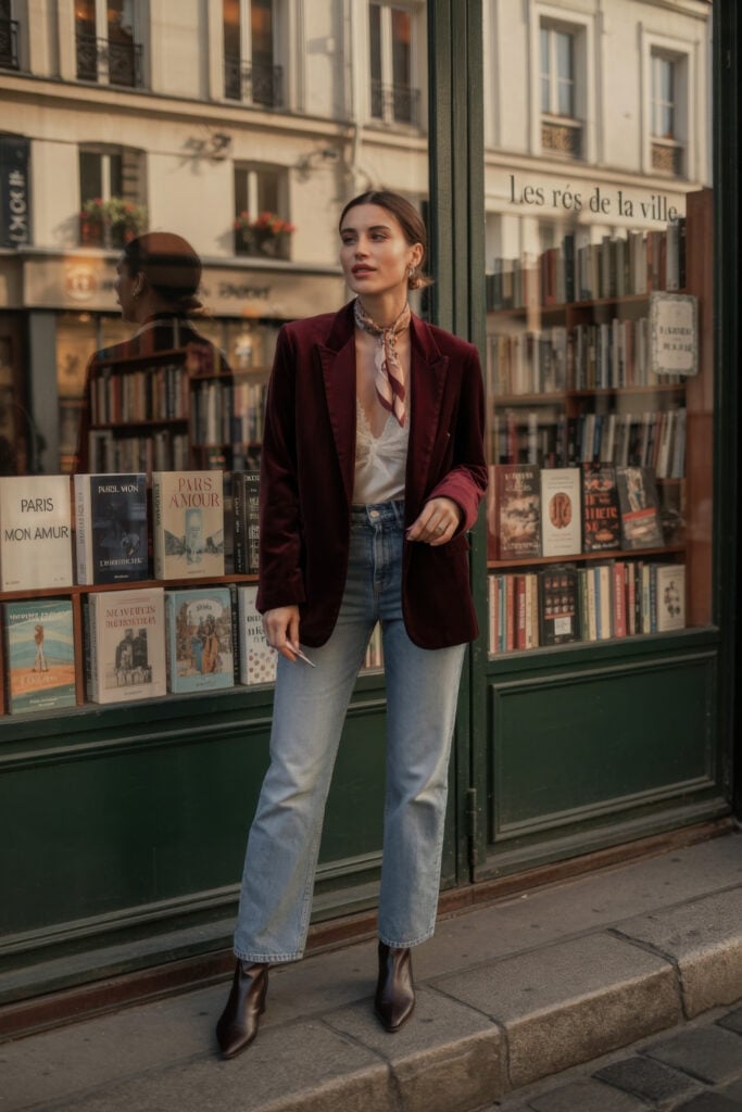 Woman in burgundy velvet blazer over cream blouse and light wash jeans standing outside French bookstore window