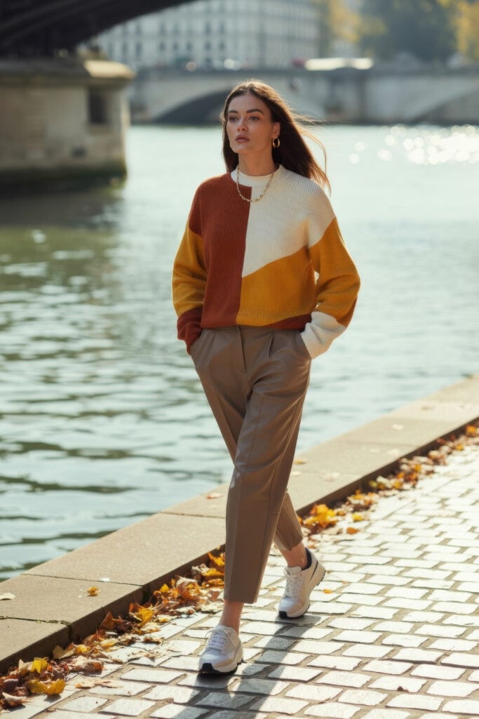 Woman in colorblock sweater with rust, yellow and cream sections wearing brown trousers walking along Parisian riverbank