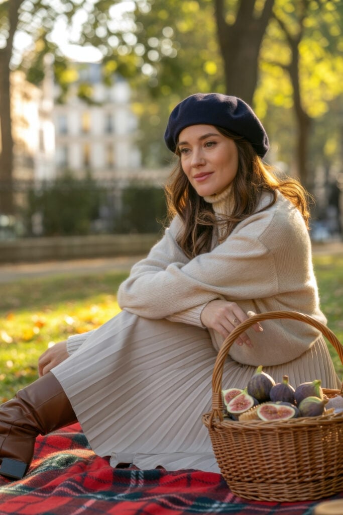 Woman in cream turtleneck sweater and pleated skirt wearing navy beret sitting on plaid blanket with picnic basket in Paris park