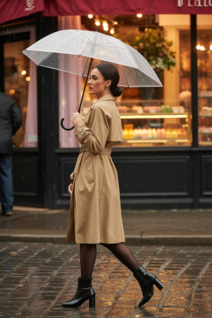 Woman in beige trench coat holding clear umbrella walking on wet cobblestone street in front of illuminated Parisian shops