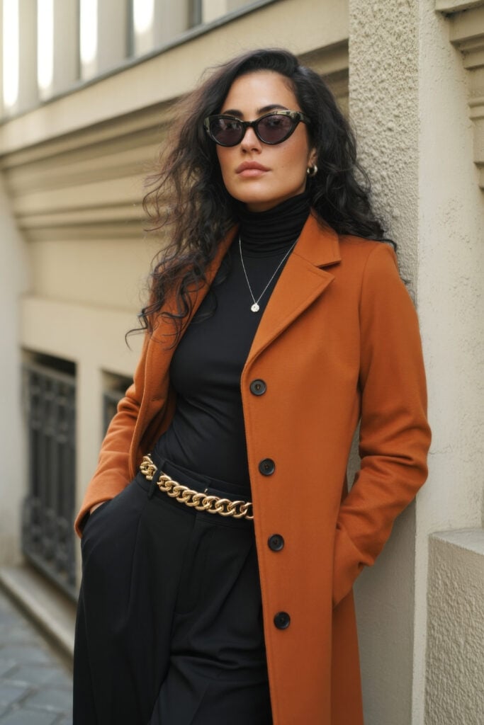 Woman in vibrant orange wool coat over black turtleneck and pants with gold chain belt, standing confidently on a Paris street
