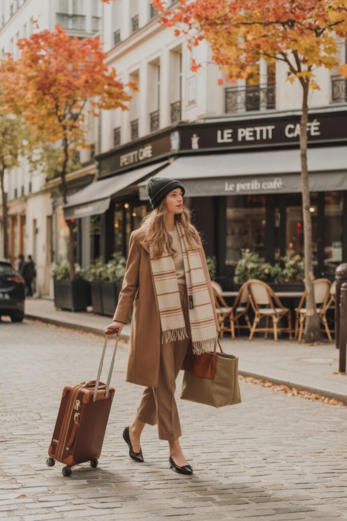 Woman in camel coat and striped scarf with knit beanie pulling brown leather suitcase past Parisian café with autumn trees