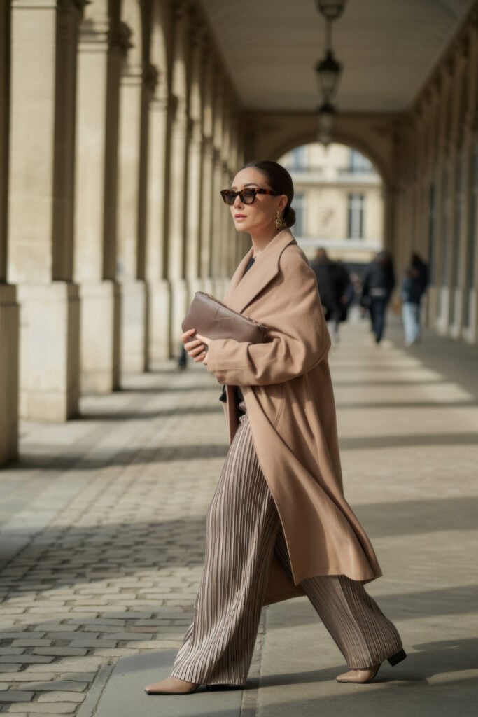 Woman in long camel coat over pleated beige trousers with sunglasses walking through covered Parisian arcade