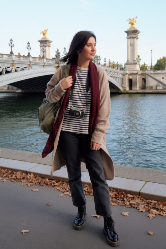 Woman in beige coat with burgundy scarf over striped shirt and dark jeans by Seine river with ornate bridge in background