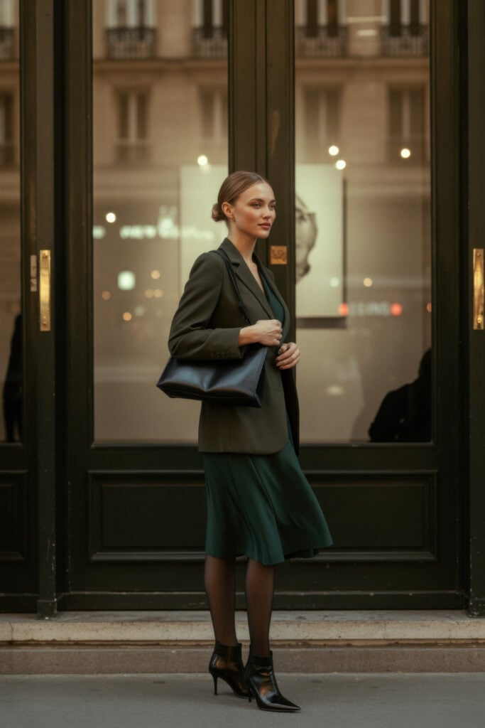 Woman in dark green blazer and matching pleated midi skirt with black handbag standing outside illuminated Parisian storefront at dusk